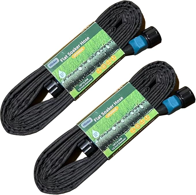 Flat Soaker Hose 15 30 FT for Garden Beds, 30Ft 1/2" Linkable Consistent Drip Irrigation Hose Save 80% Water, Leakproof Heavy Duty Double Layer Sprinkler Hose