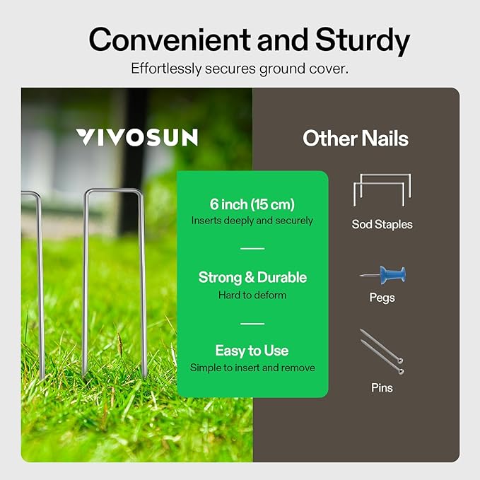 VIVOSUN 6 Inch 100-Pack Landscape Staples, Galvanized Steel Garden Stakes 11 Gauge U-Shaped Pins for Weed Barrier Fabric, Soaker Hose, Holding Fence