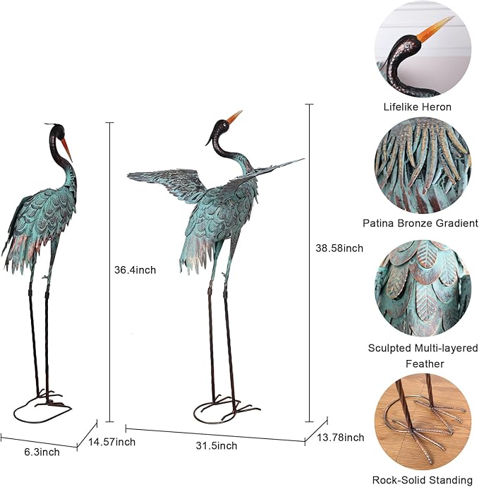 YEAHOME Garden Decor Outdoor Statues, 38"/36" Large Metal Heron Standing Yard Art, Blue Crane Lawn Sculptures Garden Decor for Outside Patio Porch Backyard, Set of 2