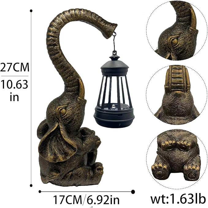 10.6 Inch Statue Elephant with Solar Outdoor Lights for Garden Decor，Lucky Present with Appeal For Birthdays(Man and Women and family)， Unique Housewarming Presents and Yard Decoration. (black)