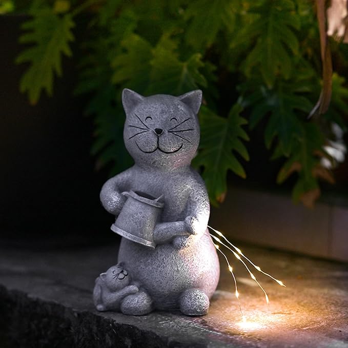 Solar Cat Outdoor Statues Garden Decor with LED Lights Lovely Cat Statues for Patio Balcony Yard Lawn Ornament, Birthday Mother Day Gardening Gifts for Mom Grandma Women