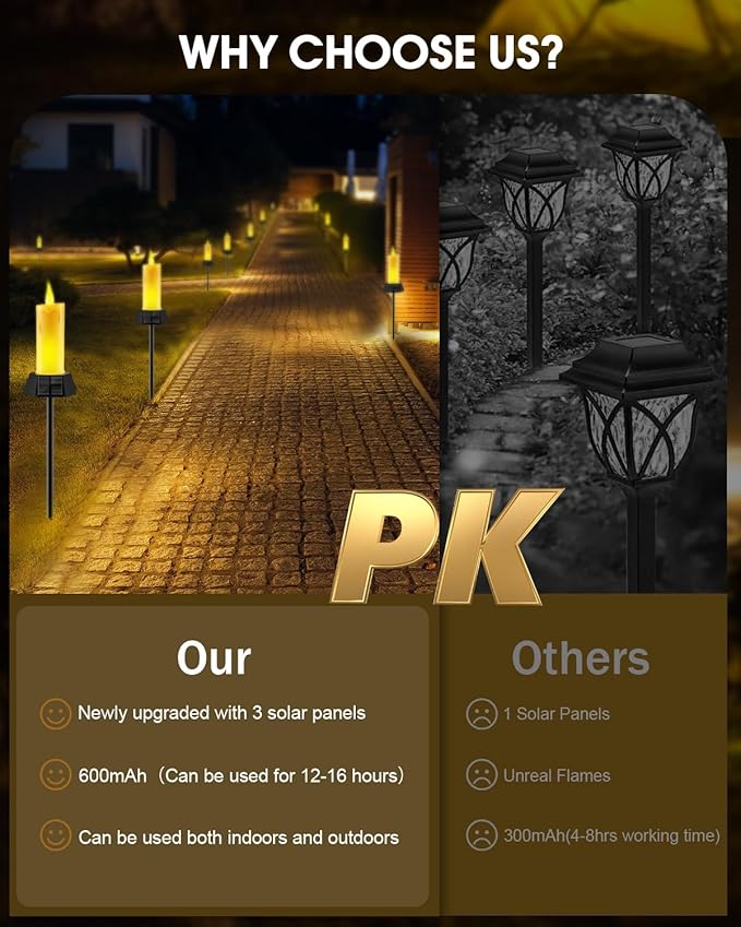 Solar Lights Outdoor Waterproof, Electric LED Flameless Candles with 3 Solar Panels, Solar Pathway Lights for Garden Yard Home Outdoor Party Camping Decorations, 4 Pack