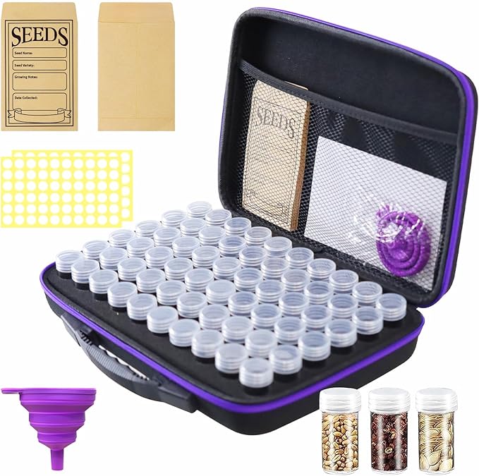60 Slots Seed Storage Organizer with 10 Seed Envelopes, Portable Seed Storage Box with Label Stickers Zipper Bag,Seed Storage Container for Flower Plants Vegetable Garden(60 Jars)