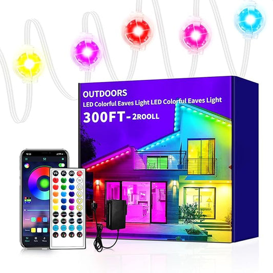 300ft Permanent Outdoor Lights, RGB LED Eaves Lights,IP67 Waterproof LED Eaves Light for Christmas,Halloween Decor,Outdoor Decor,Garden Décor（2 Rolls of 150ft）