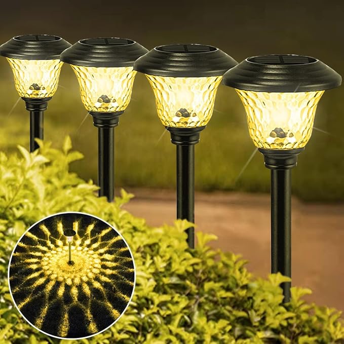 8 Pack 3 Mode Solar Pathway Lights for Outdoor Color Changing/Warm White/Bright White Waterproof Garden Stainless Steel Landscape Path Lighting Walkway Yard Lights Glass LED RGB Black