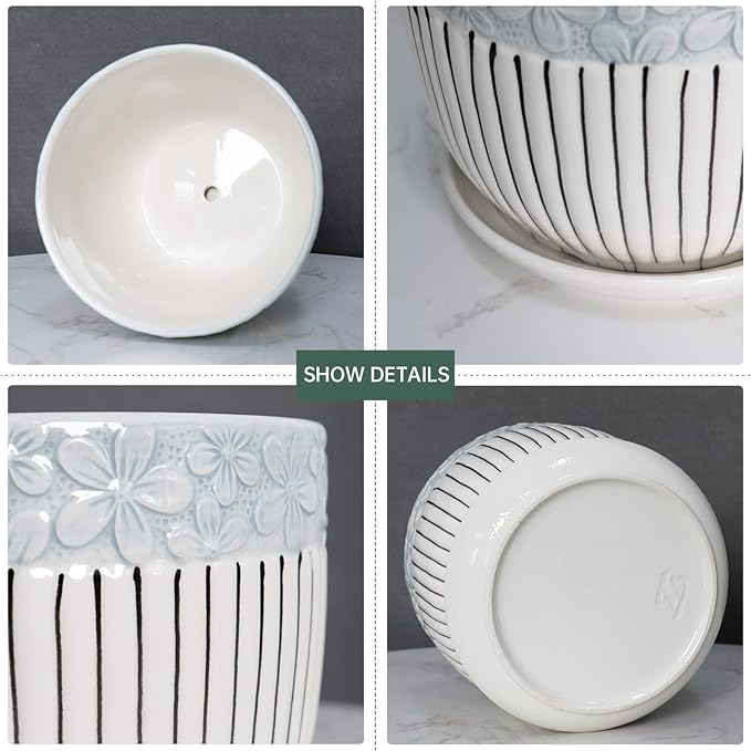 Ton Sin Grey Flower Pots,Texture Planter for Indoor Plants Set of 3 Ceramic Flower Pots with Saucer,Cute Garden Pots Succulent Pots（3 Pack,Grey