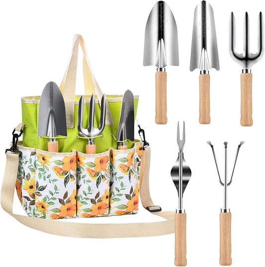 Garden Tools Set, Heavy Duty Gardening Hand Tools with Shoulder Crossbody Garden Tote Bag, Rust-Proof Garden Tools with Wood Handle, Ideal Gardening Gifts for Women Men