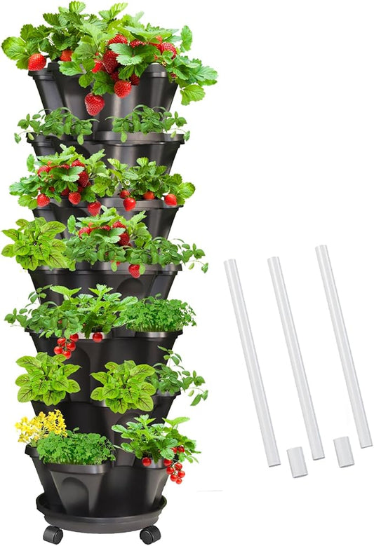 Strawberry Vertical Planters, 7 Tiered Stacking Tower Garden with Support Pole, Stackable Herb Vegetable Planters Indoor and Outdoor - Black