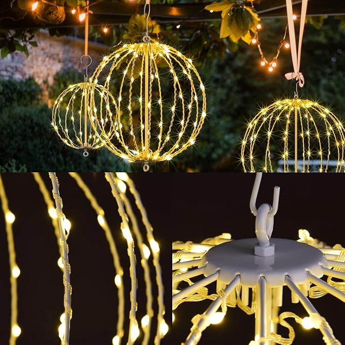 Christmas Ball Light Sphere, 16IN 128LED Hanging Tree Light and Pathway Lights with Hook and Stake, Foldable Metal Frame Light Ball for Outdoor Garden, UL Listed, Brown Frame, Warm White