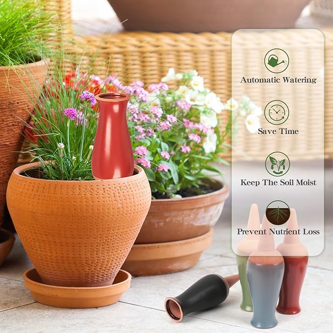 4 Pcs Plant Watering Globes, Self Watering Planter Insert, Clay Drip Irrigation Stake with Large Watering System, Plant Watering Device for 1 Week Easy to Refill, Self Watering Pots for Indoor Plants