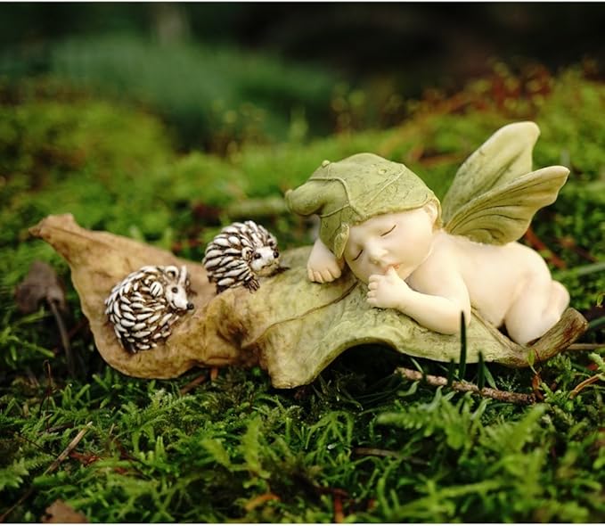 Top Collection Miniature Fairy Garden and Terrarium Statue, Sleeping Fairy Baby with Hedgehogs