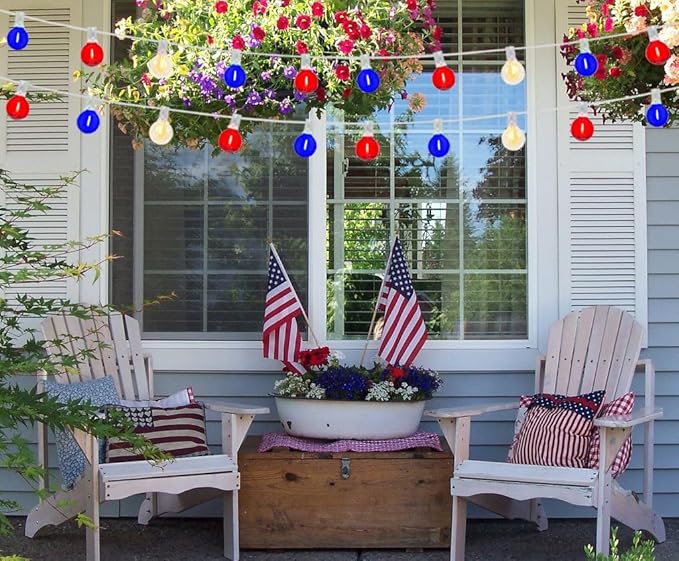 25Ft Independence Day LED String Lights, Waterproof Patio Light with 25 G40 LED Clear/Red/Blue Bulbs, Connectable Hanging Independence Day String Lights for Indoor Outdoor Garden Backyard Porch
