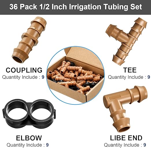 Outus 36 Pieces Drip Irrigation Fittings Kit 1/2 Inch Tubing Fitting Set includes 9 Tees, 9 Couplings, 9 Elbows and 9 End Cap Plugs Drip Barbed Connectors for Compatible Drip or Sprinkler Systems