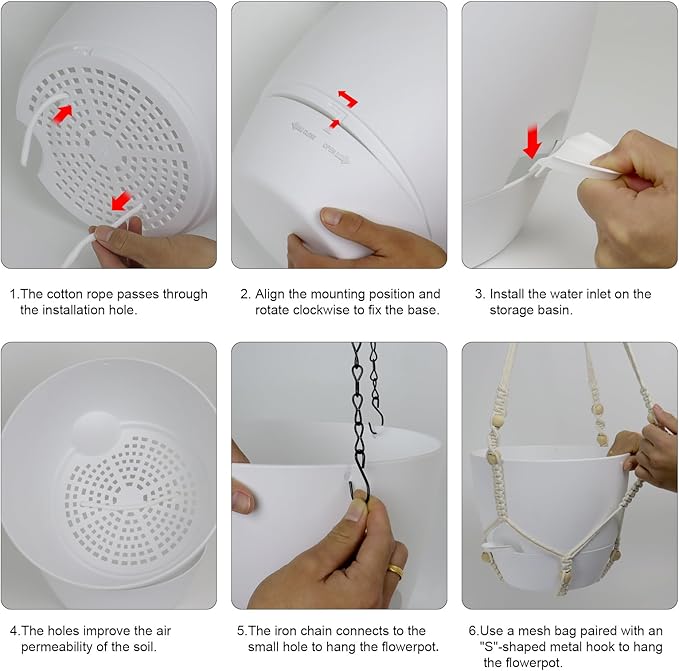 10 inch Self Watering Hanging Planters, 2 Pack Hanging Flower Pots for Indoor Outdoor Plants, Hanging Baskets with Drainage Holes & 2 Kinds of Plant Hangers for Garden Home Decor, White