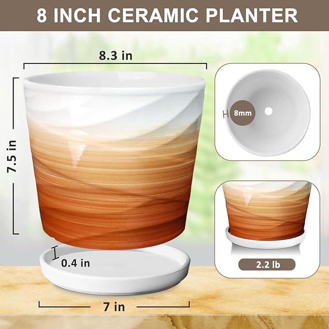 8 Inch Plant Pot, Ceramic Planter with Drainage and Saucer, Ceramic Pots for Plants, Indoor Plant pots,Ceramic Flower pots，Modern Planter(Khaki + White)