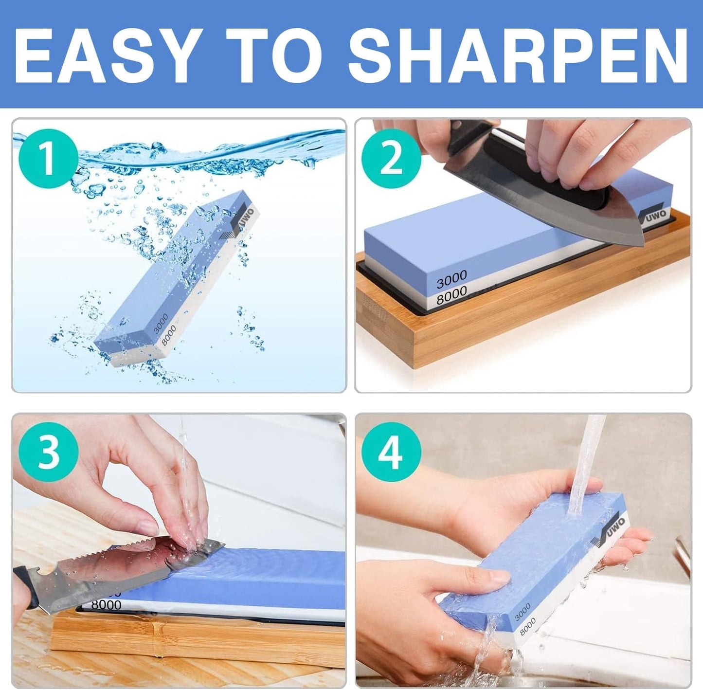 Knife Sharpening Stone Kit - Whetstone Dual Grit 400/1000 3000/8000 Premium Sharpener Set with Leather Strop, Flattening Stone, Honing Guide, Bamboo Base, Angle Guide, Cut Resistant Gloves
