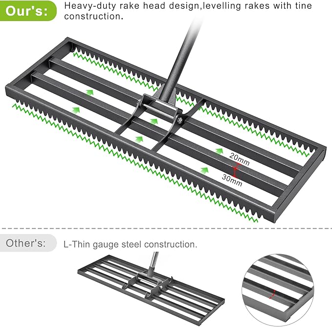 Lawn Leveling Rake with Rounded Edges, 30 x 10'' Leveling Rake with Tines for Soil, Heavy Duty Lawn Leveling Tool with 7FT Handle, Yard Leveling Rake for Farm, Garden, Backyard