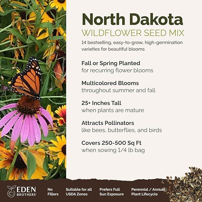 Eden Brothers North Dakota Wildflower Mixed Seeds for Planting, 1/4 lb, 120,000+ Seeds with Calendula, Sunflower | Attracts Pollinators, Plant in Spring or Fall, Zones