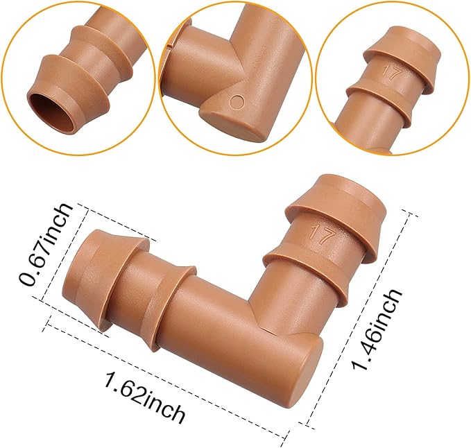 20-Pack Drip Irrigation Barbed Elbow Fittings, Fits 1/2”, 17mm .600” ID Drip Tubing