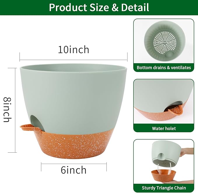 GARDIFE 10 inch Plant Pots,Self Watering Pots, 2 Pack Flower pots, Large Plastic Planters with Deep Reservior and High Drainage Holes for Indoor Outdoor Plants and Flowers, Green