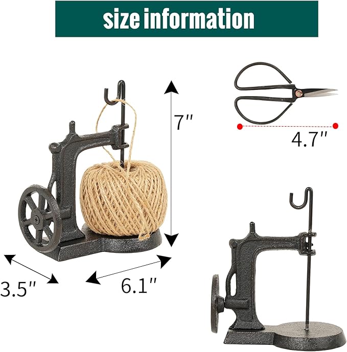 Sungmor Cast Iron Twine Holder and Scissors Set, Vintage Jute Twine Garden String Holder, Decorative Twine Dispenser with Cutter for Crafting, Gardening, Gift Wrapping, Sewing Machine Shape