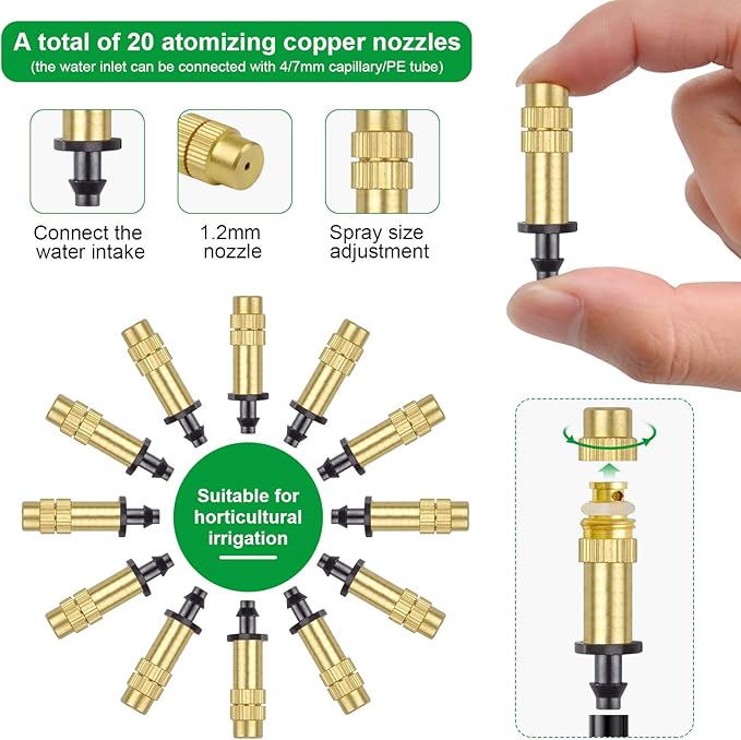 30PCS 1/4" Adjustable Copper Atomizing Nozzle Kalolary Drip Irrigation Sprayer 4/7mm Atomizing Micro Sprinkler Garden Cooling Irrigation Equipment for Lawn Vegetables Greenhouse