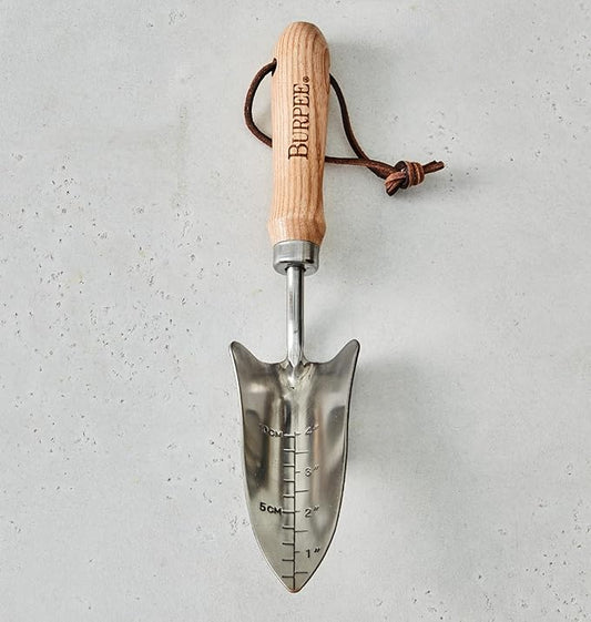 Burpee 13" Stainless Steel Transplanter | Durable Long Lasting Garden Tool | Leather Wrist Strap 5" Handle, Oak