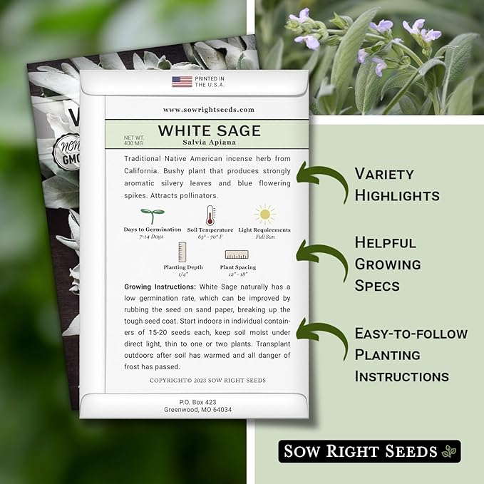 Sow Right Seeds - White Sage Seed for Planting - Non-GMO Heirloom Packet with Instructions for Planting and Growing a Home Herb Garden - Indoors or Outdoors - Make Your Own Herbal Incense (2)