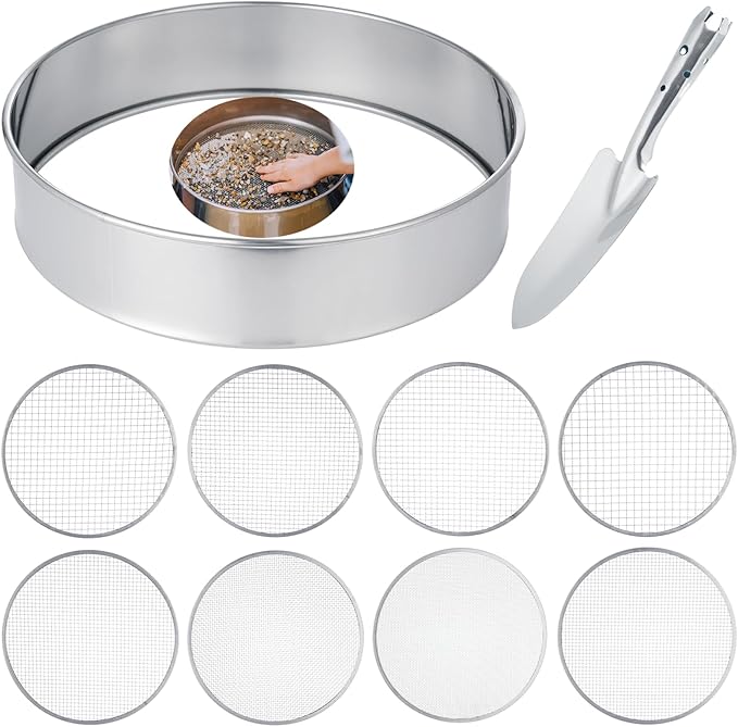 10 PCS Soil Sieve Set, Garden Potting Soil Sifter, 12 Inches Stainless Steel Riddle Sieve, Fine Mesh Soil Sieve, Soil Shovel and 8 Interchangeable Filter Mesh Sizes 2, 3, 5, 6, 7, 9, 10, 12mm