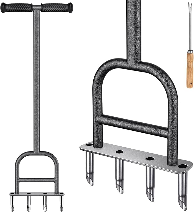 Dolibest Lawn Coring Aerator, Stainless Steel 4 Corer Plug Aerator Tool with Soft Rubber Grip, Manual Grass Aerating Tool, Garden Tool & Cleaning Hand Tool for Loosening Soil and Improving Lawn Health