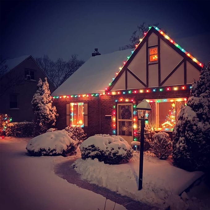 C7 Christmas Lights Multicolor 25Ft Outdoor Patio String Light with 27 LED Clear Multicolor Bulbs, Vintage Christmas Lights for Outdoor Roofline Xmas Garden Wedding Party Decorations- Green Wire
