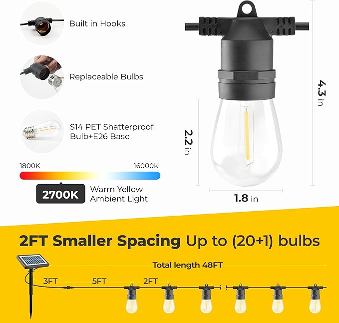 Solar String Lights Outdoor: 48FT 20*S14 3W Ultra-Long Battery Life Edison Bulbs Solar Powered Outside IP65 Waterproof Hanging Warm White Led Lights for Patio Garden Pool Yard Porch Gazebo