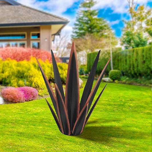 Large Tequila Rustic Sculpture, Rustic Metal Agave Plants for Outdoor Patio Yard, Home Decor Hand Painted Metal Agave Garden Yard Statue, Outdoor Lawn Ornaments Yard Stakes (Black - M)