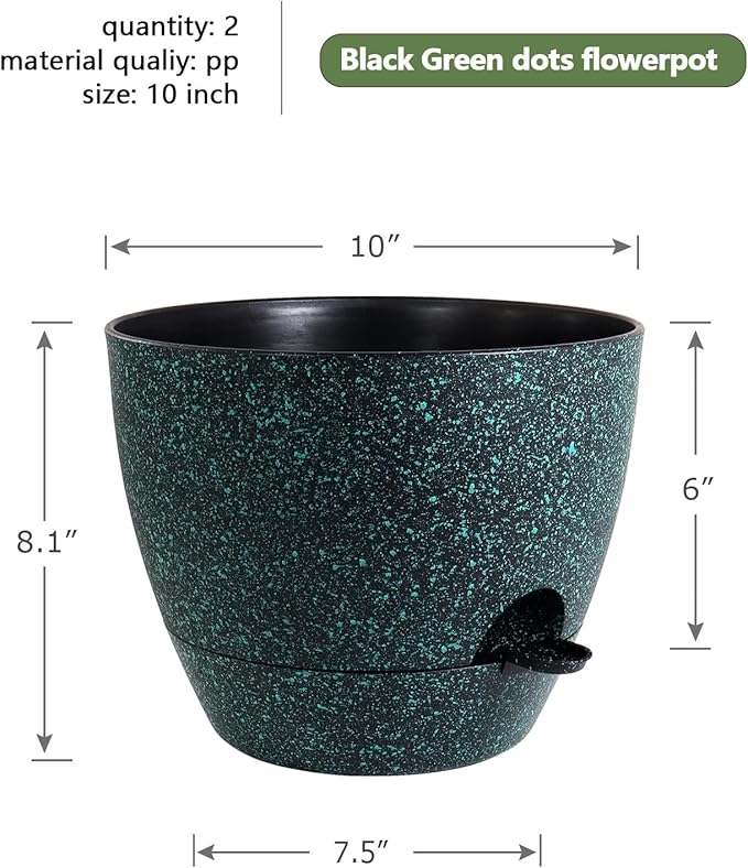 10 inch Self Watering Pots, Planter, Plant Pots with Mesh Drainage Holes for Indoor Outdoor House Plants and Garden, 2 Pack Plastic Flower Pots with Reservoir, Black with Green Speckles