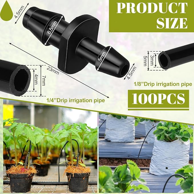 100 Pcs Drip Irrigation Fittings Barbed Connectors Barb Adapter Coupling 1/8" - 1/4" Barbed Coupling Fitting Irrigation Watering Tubing Connectors Hydroponics for Flower Pot Garden