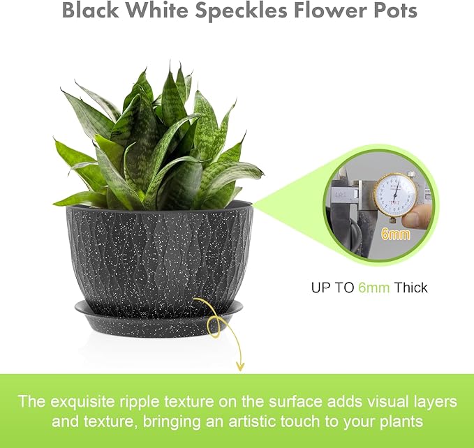 12/10/9 inch Large Flower Pots, 3 Set Big Plant Pots for Outdoor Indoor Plants with Water Ripples, Wide Plastic Planters with Drainage Holes and Saucers for Garden House Plants, Speckled Black