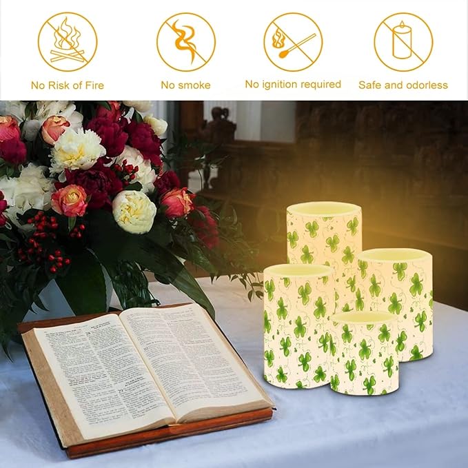 Flameless Light Candles for St Patricks Day Decorations, Battery Operated Candles Color Changing Timer Remote Control Pillar Candles Tealight St. Patrick Gift Accessories, Green Grass Print