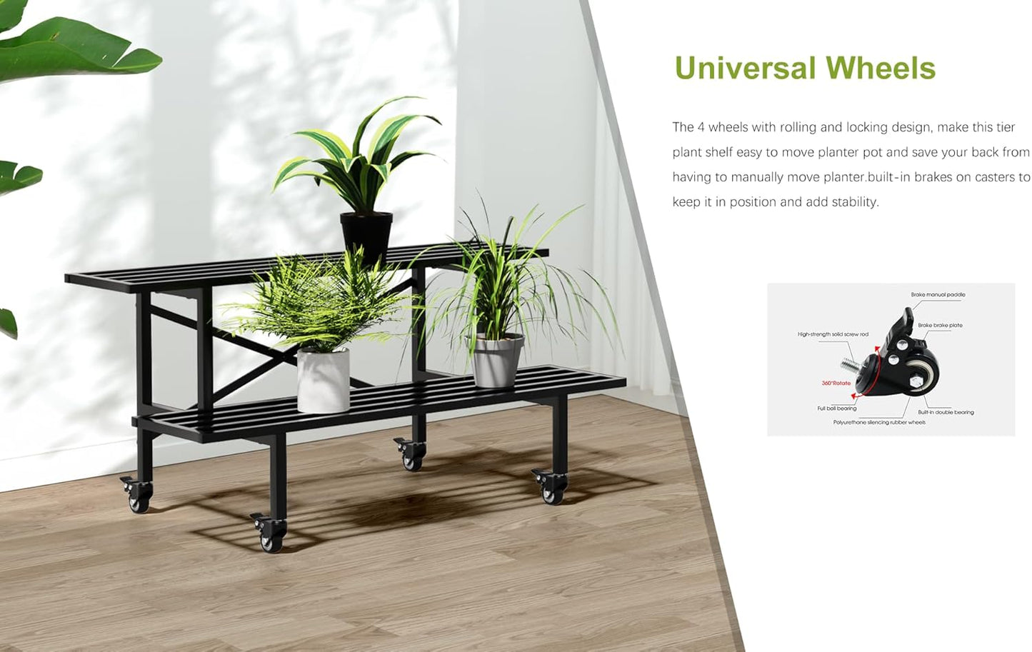 Zhongma 2 Tier Sturdy Metal Plant Stand with Wheels, L35.43 x W17.5 x H16.14 inch, Heavy Duty Plant Holder for Home Indoor and Outdoor,440 LBS Capacity & Heavy Duty Construction