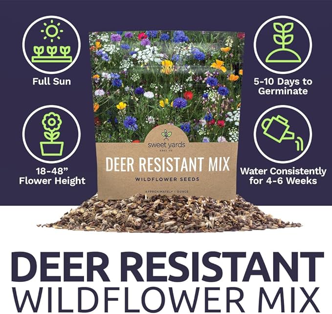 Deer Resistant Wildflower Seed Mixture - Bulk 1 Ounce Packet - Over 15,000 Deer Tolerant Seeds - Open Pollinated and Non GMO