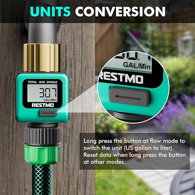 RESTMO Water Flow Meter with Brass Inlet Metal Thread, Measure Gallon/Liter Consumption and Flow Rate for Outdoor Garden Hose Watering, RV Water Tank Filling, Lawn Sprinkler and Nozzle Sprayer