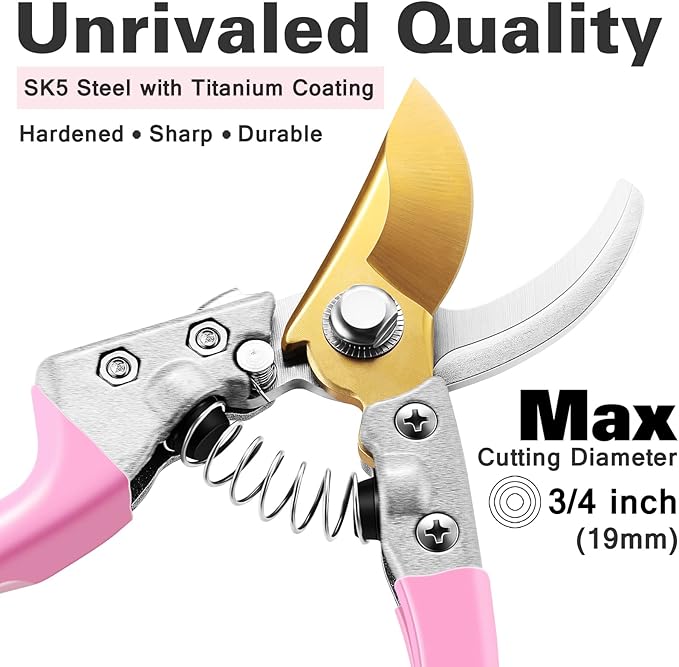 Floral Garden Tools Set,Heavy Duty Gardening Tools for Gardener,Gardening Gifts for Women,Storage Tote Bag,Sleeves,Gloves,Trowel,Transplanter,Rake,Weeder,Cultivator,Pruner,Succulent Hand Tools,Pink