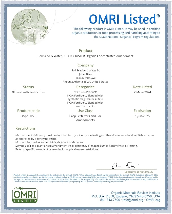 Soil Seed & Water SuperBooster Concentrated Organic Soil Amendment Fertilizer - Macronutrients, Micronutrients, Structural Component and Minerals - OMRI Listed