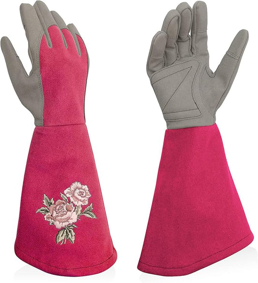 Rose Pruning Gloves Thorn Proof, Embroidery Leather Gardening Gloves with Extra Long Forearm Protection