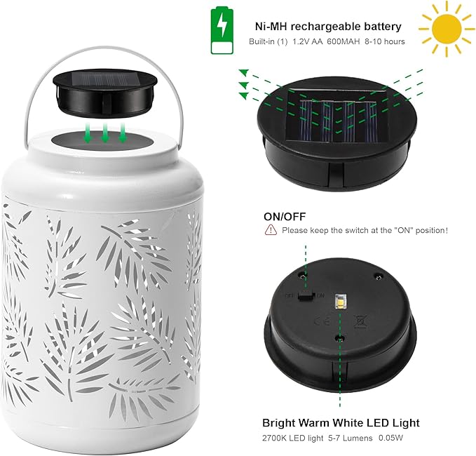 Glitzhome Solar Lantern White Metal Cutout Leaf Outdoor Hanging Solar Light with Handle for Garden Patio Yard Outdoor Decor