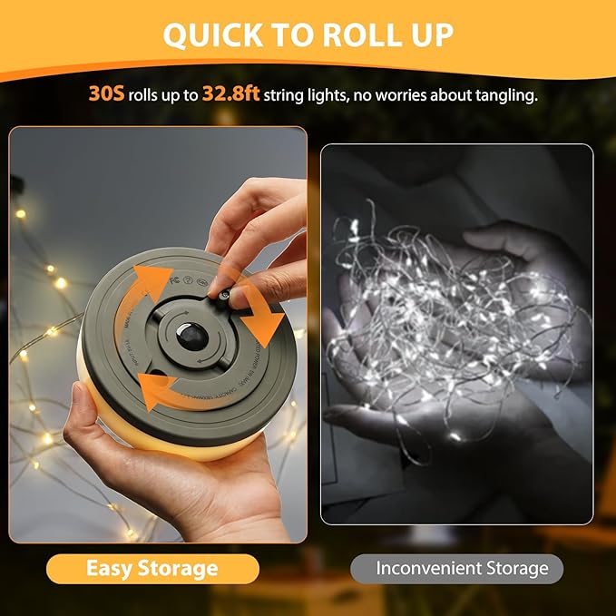 Camping String Lights, 4 in 1 Quick Storage 32.8FT Rechargeable Tent Lights with 6 Modes Hanging Waterproof Camp Lamp Camping Essentials for AwnTent Hiking Yard Garden Bedroom Festival -Multicolor