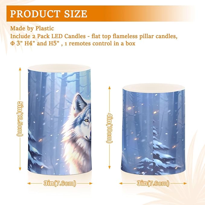 Flickering Flameless Candles, Wolf Winter Forest LED Candles with Remote Timer, Set of 2 Battery Operated Candle for Valentine Wedding Birthday