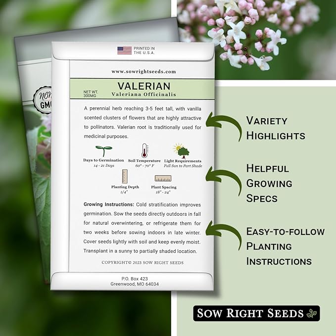 Sow Right Seeds - Valerian Seeds for Planting - Non-GMO Heirloom Packet with Instructions to Plant an Outdoor Herb Garden - Fragrant with Medicinal Benefits - Valerian Root for Sleep & Calm (3)