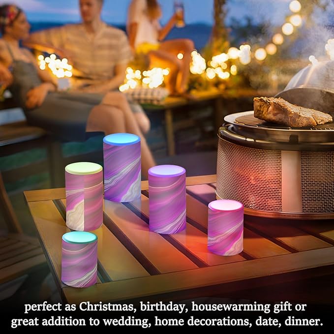 Flickering Flameless Candles, Fuchsia Gold Fluid Marble LED Candles with Remote Timer, Set of 2 Battery Operated Candle for Valentine Wedding Birthday