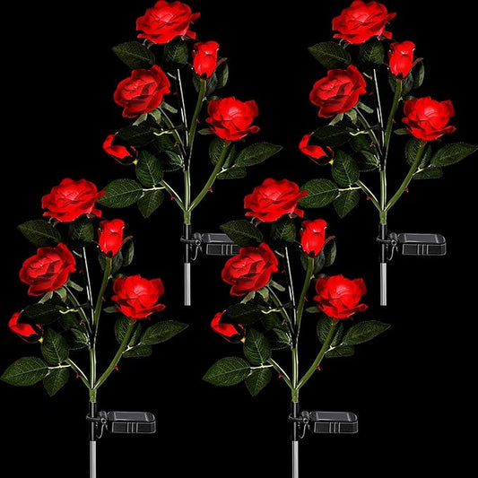 4 Pack Outdoor Solar Flower Lights Waterproof Garden Decorative Lights Outside Solar Powered Pathway Lights with 20 Realistic Rose Flowers for Yard Lawn Pathway Backyard Decor(Red)