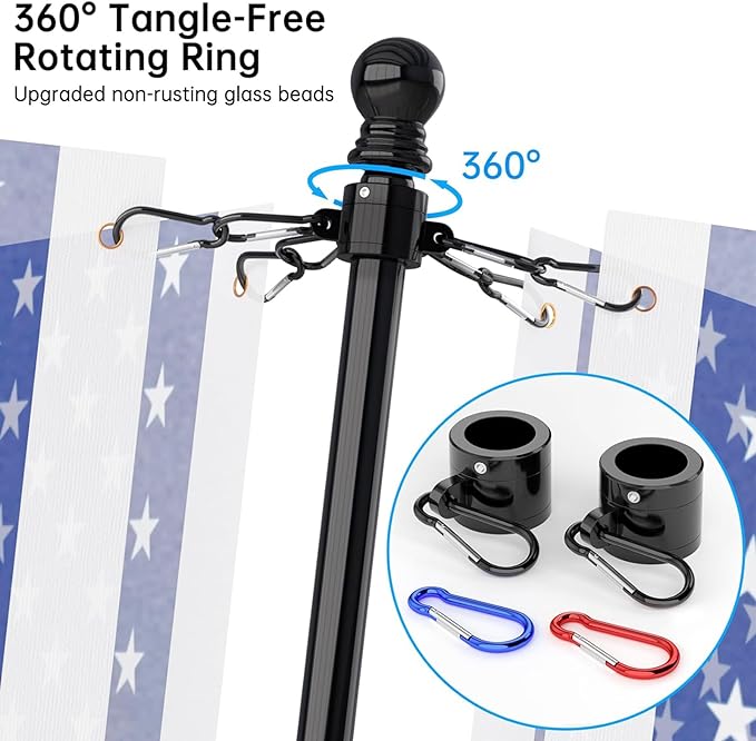 ZMTECH Flag Pole with Solar Light - Adjustable Bracket, 6 FT Stainless Steel Flag Poles for Outside House, Garden or Yard, Tangle Free Flagpole Kit for American Flag (Without Flag, Black)